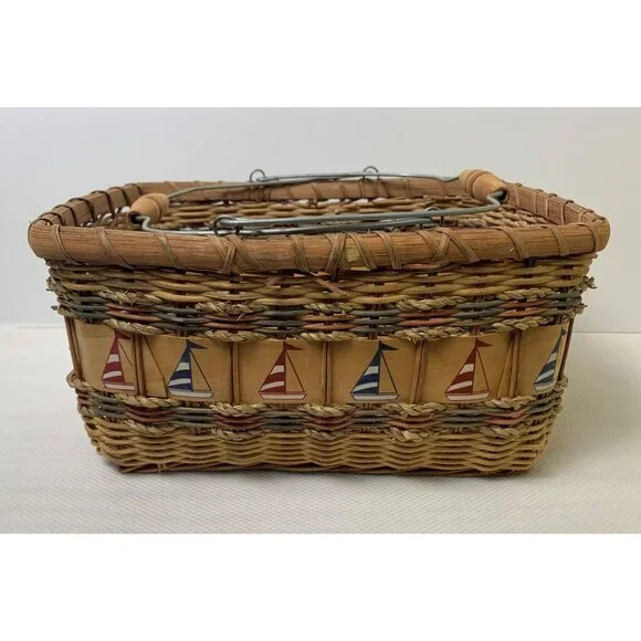 Vintage Nautical-Themed Woven Basket Wire Bail Handles Sailboat Design 10"x12" - Picture 4 of 14